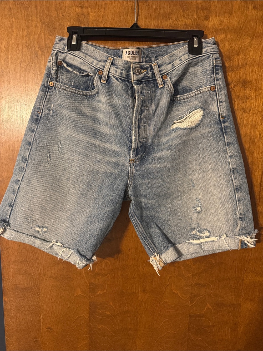 Agolde Light Blue Distressed High-Rise Denim Shorts 90’s fit
